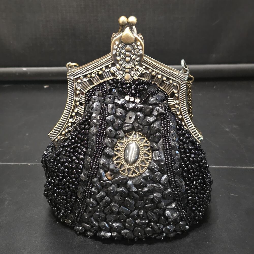 Black Beaded Evening Bag Art Deco Style Gold Tone Frame Chain Purse